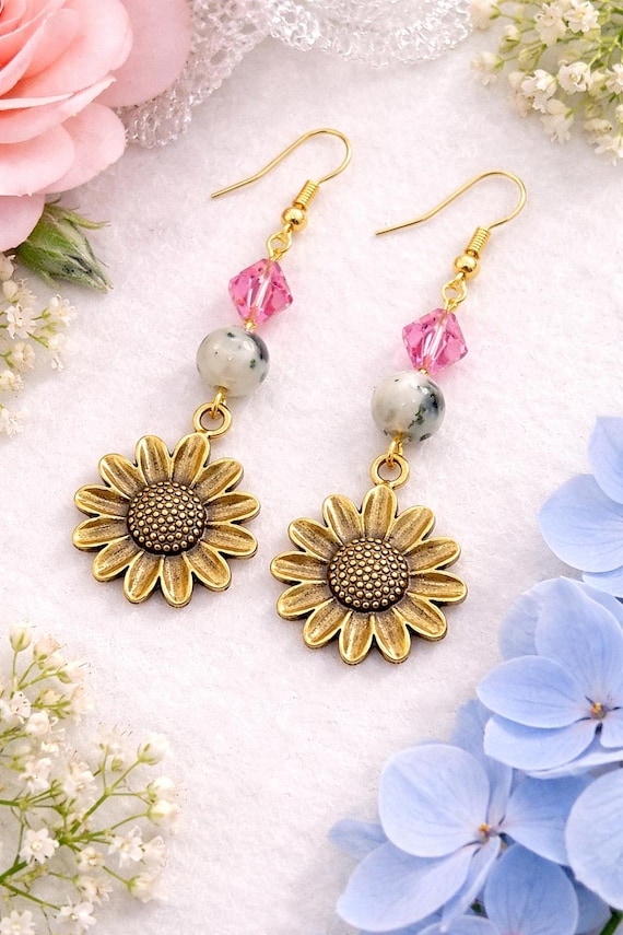 Antique Bronze Sunflower Earrings, Kiwi Jasper & Pink Crystal Dangle Boho Floral Jewelry