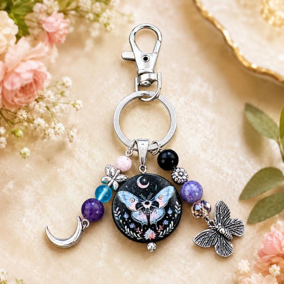 Enchanted Luna Butterfly Purse Charm Keychain • Onyx, Lepidolite & Aura Quartz Gemstones • Reiki Infused Mystical Bag Charm • Crescent Moon