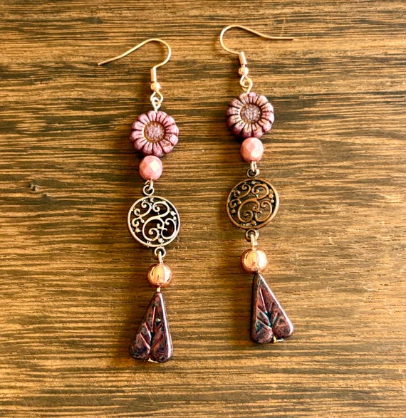 Enchanted Hearth Earrings – Rose Gold Hematite and Czech Glass Sunflowers – Antique Copper Filigree Dangles – Reiki-Infused Boho Earrings