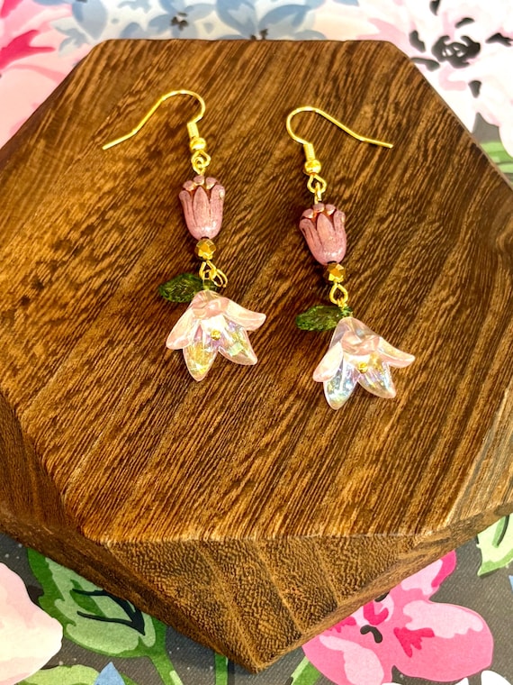 Fairy Bells Earrings – Czech Glass Tulips, Gold Hematite, Lily of the Valley Flowers – 2.25” Hypoallergenic Stainless Steel