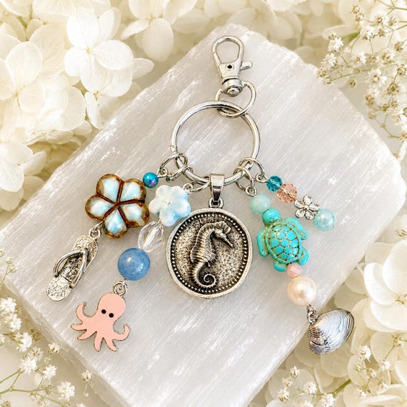 Ocean Treasures Enchantment Purse Charm Keychain - Seahorse and Sea Turtle Charm, Blue Aventurine, Howlite Turtle, Pearl & Crystals