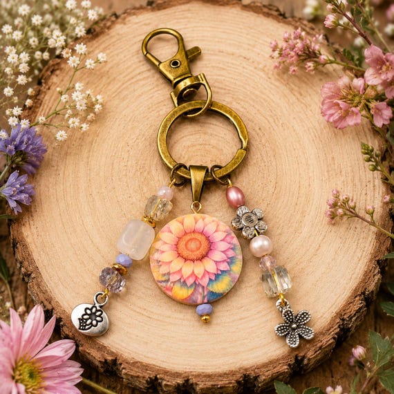 Summer Bloom Enchantment Purse Charm - Floral Keychain Gold Hematite & Crystal Bag Charm, Cottagecore Accessory, Handmade Gift for Her
