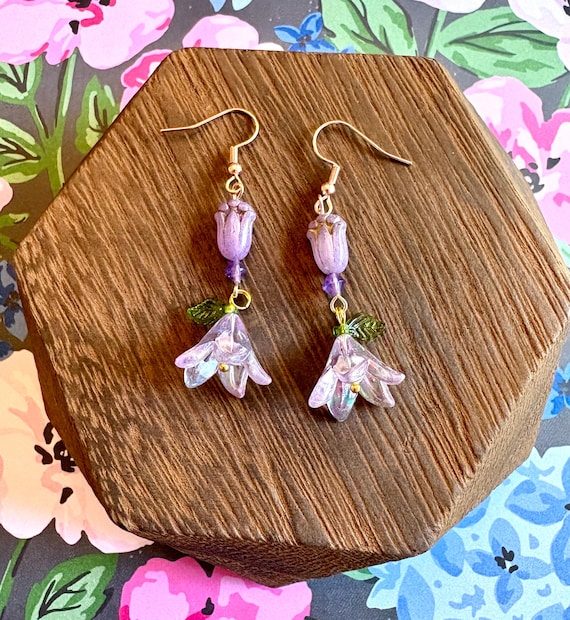Fairy Bells Amethyst and Czech Glass Flower Earrings | Rose Gold Hypoallergenic 316L Stainless Steel | Lily of the Valley, Tulip Dangle