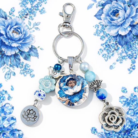 Blue Lotus Sky Blessing Keychain | Artisan Floral Jade Gemstone Charm | Bag Accessory