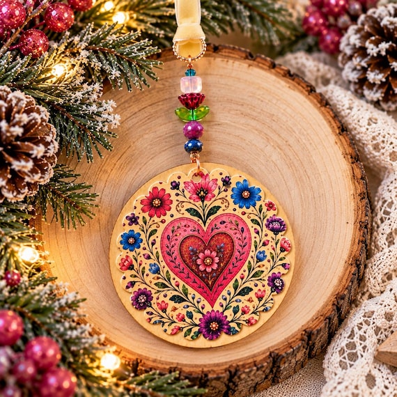 Wildflower Heart Whispers Gemstone Hanging Decor, Sugilite Crystal, Floral Heart Ornament, Handmade Boho Cottagecore Gift