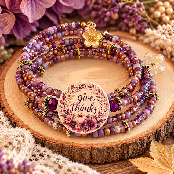 Plum Harvest Gratitude Bracelet, Purple Hematite Gemstone Coil Wrap, Give Thanks Thanksgiving Jewelry, Autumn Floral Gift