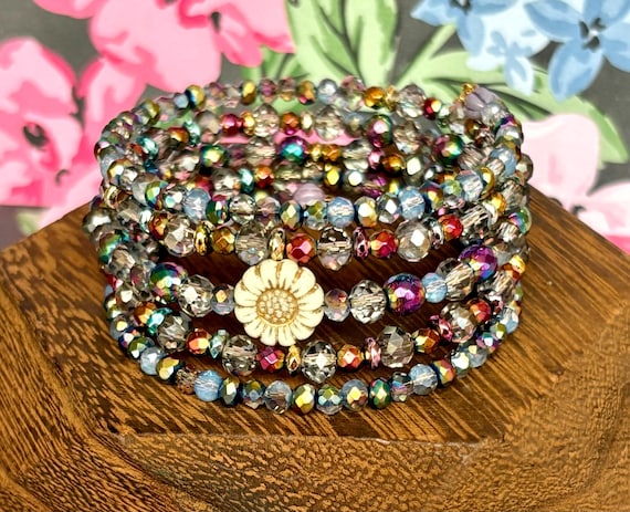 Enchanted Sunflower Wrap Bracelet – Rainbow Hematite, Czech Crystal & Gold Star