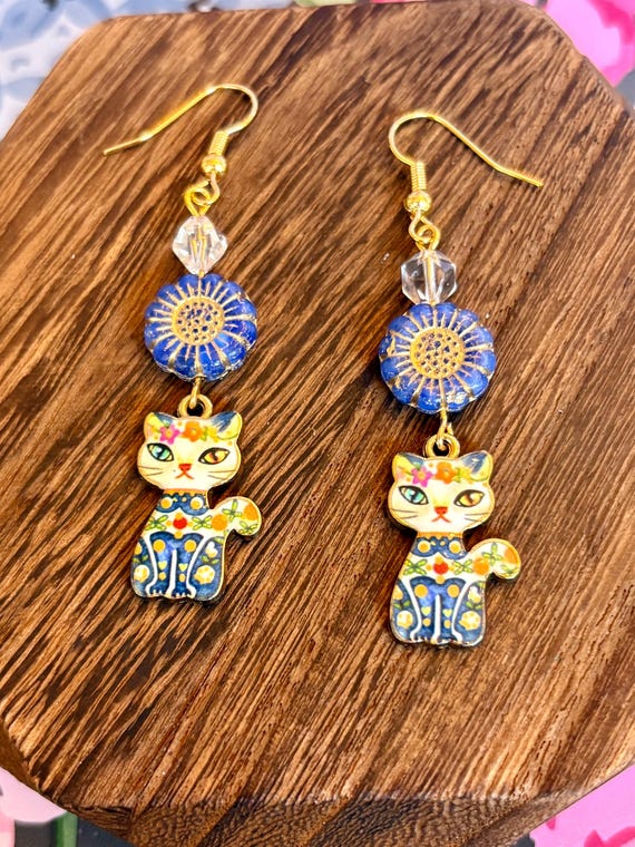 Enamel Cat Charm Earrings – Clear Quartz, Sunflower Bead, Whimsical Jewelry