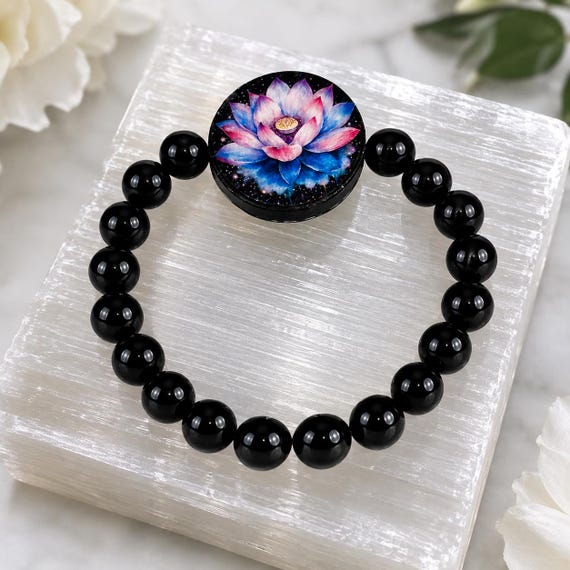 Cosmic Lotus Bracelet • Onyx Gemstone Stretch Bracelet • Handmade Double-Sided Artisan Wood Bead Jewelry • Spiritual Protection Crystal