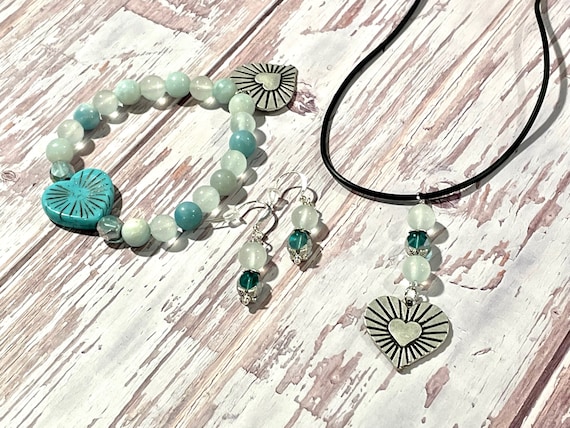 Gemstone Bracelet / Necklace / Earrings - Amazonite / Jade Crystal Healing, Heart Jewelry
