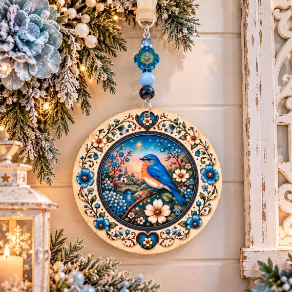 Bluebird of Hope Ornament | Angelite Gemstone Hanging Decor | Enchanted Cottagecore Bird | Handmade Floral Keepsake | Gift of Peace