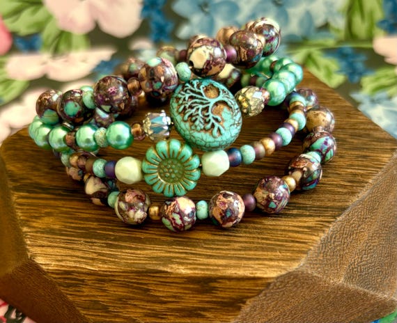 Autumn Galaxy Jasper Wrap Bracelet: Tree of Life, Sunflower, Maple Leaf