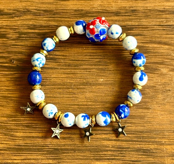 Gemstone Bracelet - Blue Rain Flower Jade / Gold Hematite Crystal Healing, Beautiful Freedom