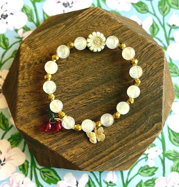 Gemstone Bracelet - Hematite/ Mystic Rose Quartz Crystal Healing Bracelets, Sweet Cherry Pies and Butterflies
