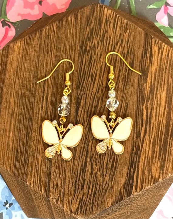 Star-Cut Clear Quartz | Silver & Gold Hematite | White Enamel Butterfly | Hypoallergenic Gold-Tone Stainless Steel