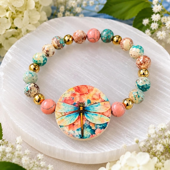 Dragonfly Chrysoprase & Matrix Turquoise Gemstone Bracelet | Handmade Artisan Stretch Bracelet | Nature Inspired Crystal Jewelry