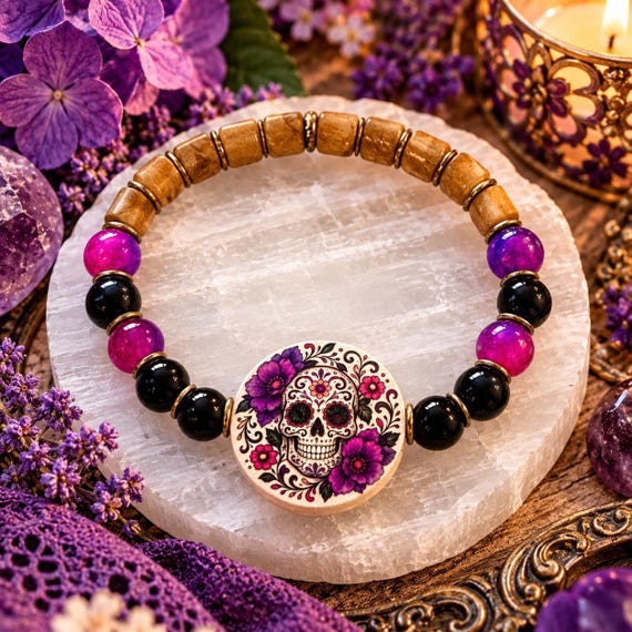 Sugar Rose Enchantment Gemstone Bracelet, Sugilite Black Onyx Petrified Wood Bracelet, Floral Sugar Skull Jewelry, Purple Boho Bracelet