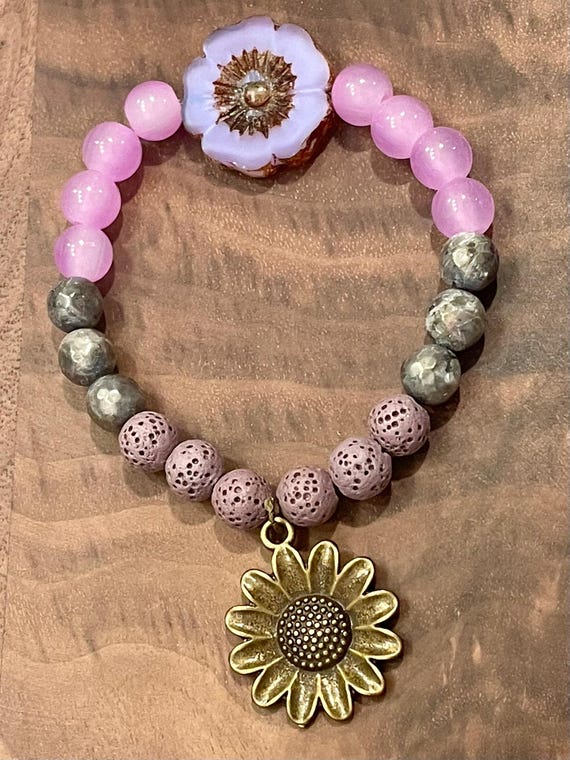 Essential Oil Diffuser / Gemstone Bracelet - Jade / Lava Stone / Marble Labradorite Crystal Healing, Sunflower Jewelry