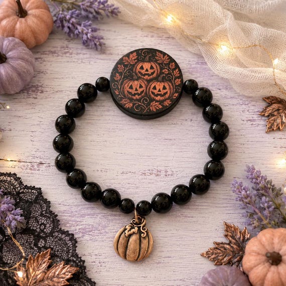 Midnight Pumpkin Patch Bracelet, Black Onyx Halloween Jewelry, Artisan Jack O Lantern Bead, Antique Copper Pumpkin Charm