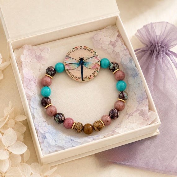 Dragonfly Gemstone Bracelet, Jade Rhodochrosite Jasper Jewelry, Handmade Wood Focal Bead, Boho Stretch Bracelet, Gift for Her