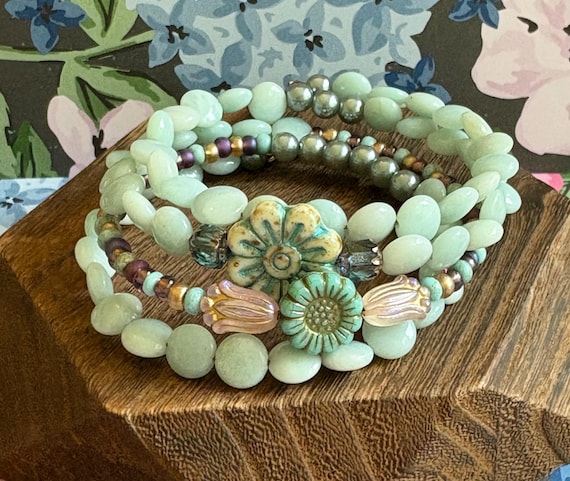 Amazonite Gemstone Wrap Bracelet: Czech Glass Flowers, Dragonfly Charm