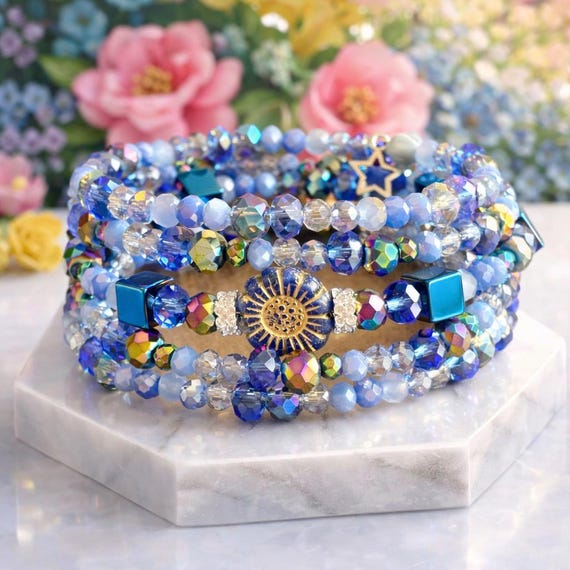 Celestial Sunburst Galaxy Wrap Bracelet – Rainbow Hematite, Czech Glass, Blue Crystal, Silver Star