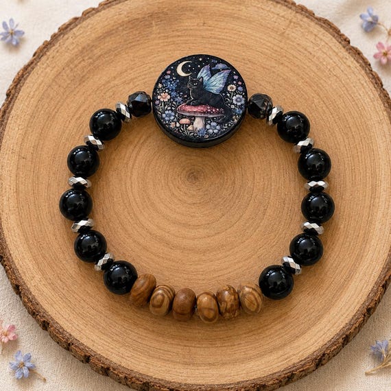 Mooncap Hollow Bracelet, Black Onyx Hematite Petrified Wood, Double-Sided Cat Mushroom Focal, Whimsical Woodland Jewelry