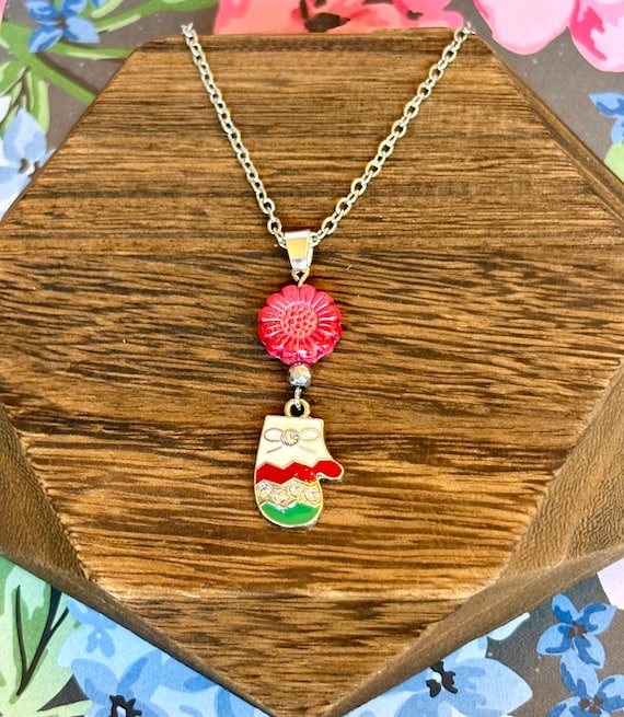 Mitten Charm Necklace: Czech Glass Flower, Silver Hematite, Hypoallergenic Chain