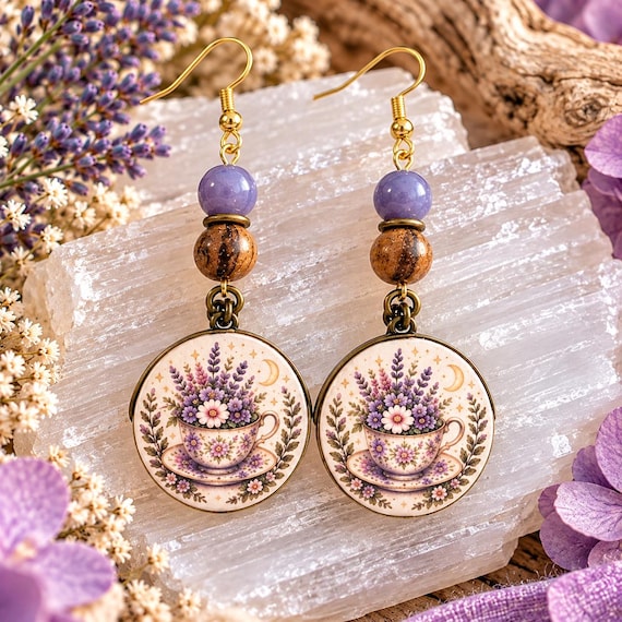 Moonlit Lavender Tea Earrings, Lepidolite Gemstone Earrings, Floral Teacup Earrings, Cottagecore Jewelry, Purple Artisan Wood Earrings