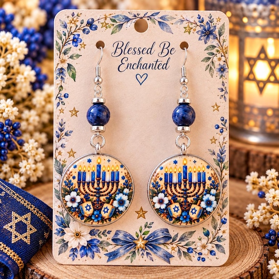 Hanukkah Lights & Blessings Earrings, Lapis Lazuli Gemstone Jewelry, Double Sided Menorah Star of David, Handmade Jewish Holiday Gift