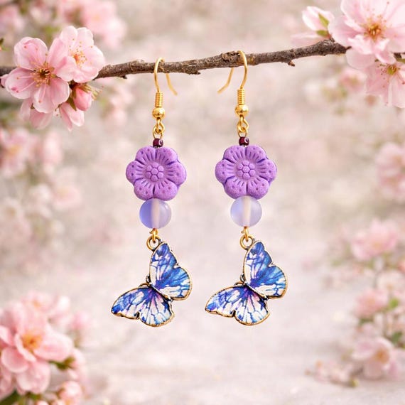 Lavender Butterfly Earrings – Purple Hematite, Aura Quartz, Floral Dangle – Hypoallergenic Stainless Steel