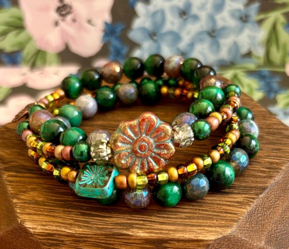 Green Tiger's Eye Wrap Bracelet: Mystic Agate, Czech Glass, Copper Lotus Charm
