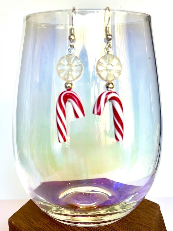 Candy Cane Snowflake Earrings: Handmade Polymer Clay Charms, Silver Hematite