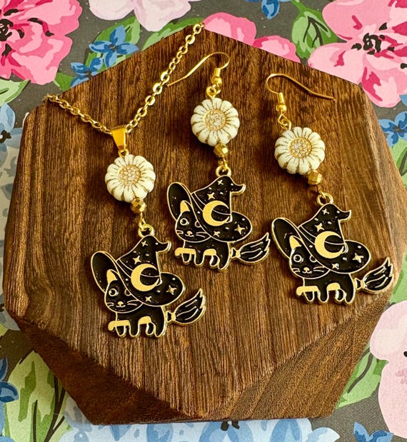Witch Cat Jewelry Set: Gold Stainless Steel Necklace & Earrings, Czech Glass Sunflowers