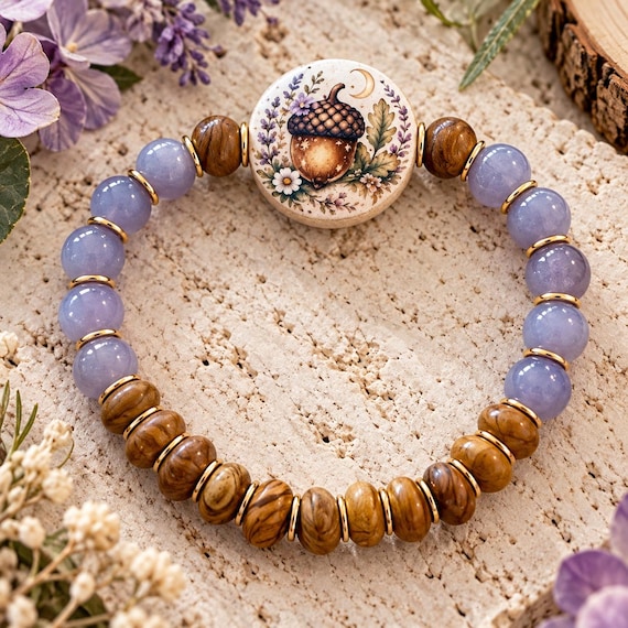 Moonlit Acorn Whispers Bracelet, Lepidolite Petrified Wood Gemstone Bracelet, Acorn Moon Woodland Jewelry, Cottagecore Fall Bracelet