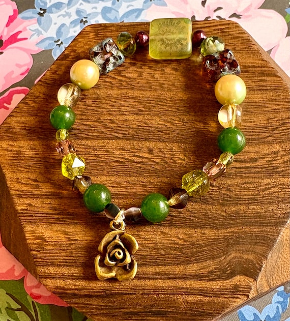 Green Jade Gemstone Bracelet | Bronze Rose Charm, Czech Glass