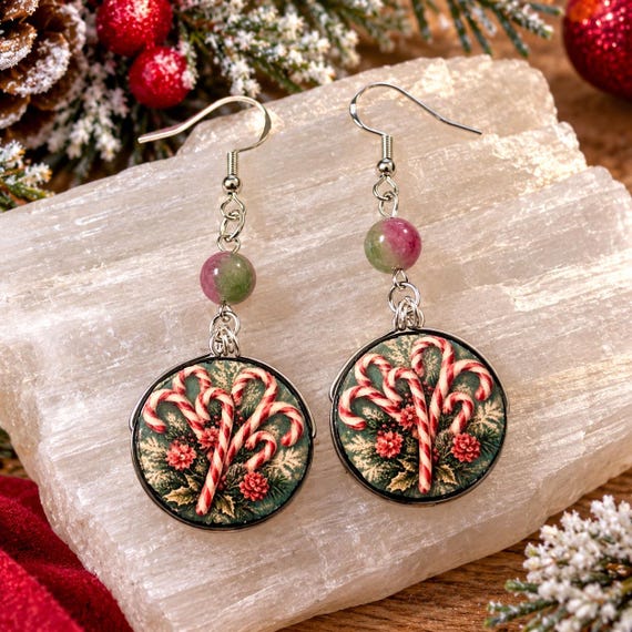 Candy Cane Christmas Earrings, Tourmaline Colored Jade Earrings, Artisan Wood Bead, Hypoallergenic Holiday Earrings, Christmas Jewelry