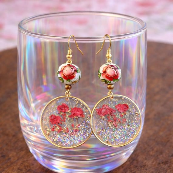 Rose Bloom Pressed Flower Earrings | Tensha Rose & Pink Hematite | Gold Tone Floral Dangle Earrings