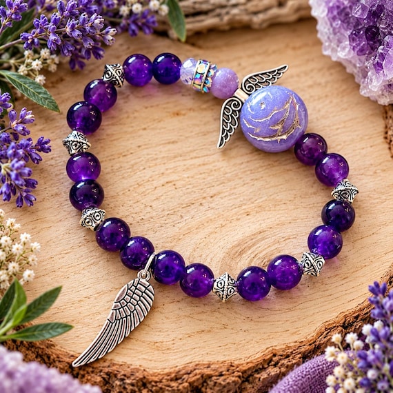 Lavender Angel Whispers Bracelet | Lepidolite Gemstone Jewelry | Silver Angel Wings | Purple Crystal Bracelet | Spiritual Gift