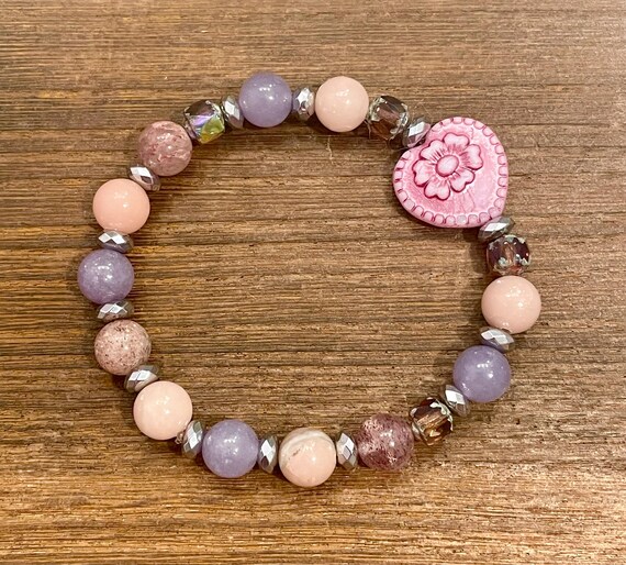 Gemstone Bracelet - Hematite / Pink Opal / Strawberry Quartz / Tanzanian Lepidolite Crystal Healing, Heart Temptation