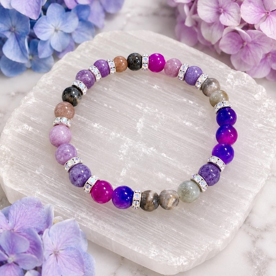 Soul Calm Gemstone Bracelet - Lepidolite, Moonstone, Sugilite, Chalcedony Bracelet, Crystal Healing Jewelry • Spiritual Gift for Women