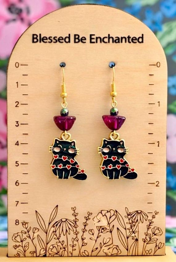 Black Cat Valentine Earrings | Rainbow Hematite Gemstone Dangles | Gold Hypoallergenic Hooks | Love & Protection Jewelry