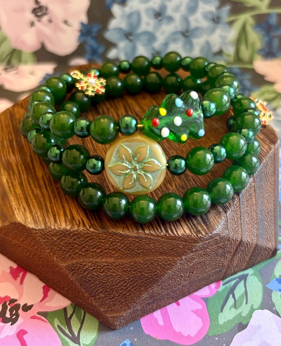 Green Jade Holiday Bracelet: Poinsettia, Christmas Tree, Snowflake Charm