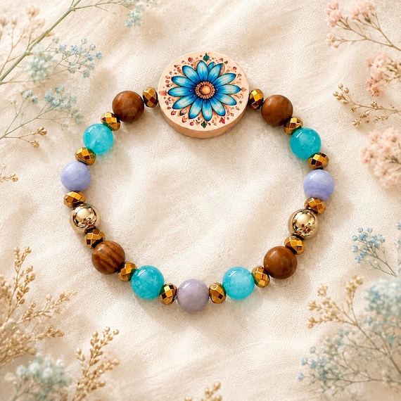 Blue Daisy Gemstone Bracelet, Lepidolite and Amazonite Colored Jade, Wood Skin Jasper, Gold Hematite, Artisan Floral Jewelry