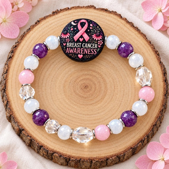 Courage in Bloom Breast Cancer Awareness Bracelet, Kunzite and Purple Chalcedony, Pink Ribbon Jewelry, Reiki Infused Gift