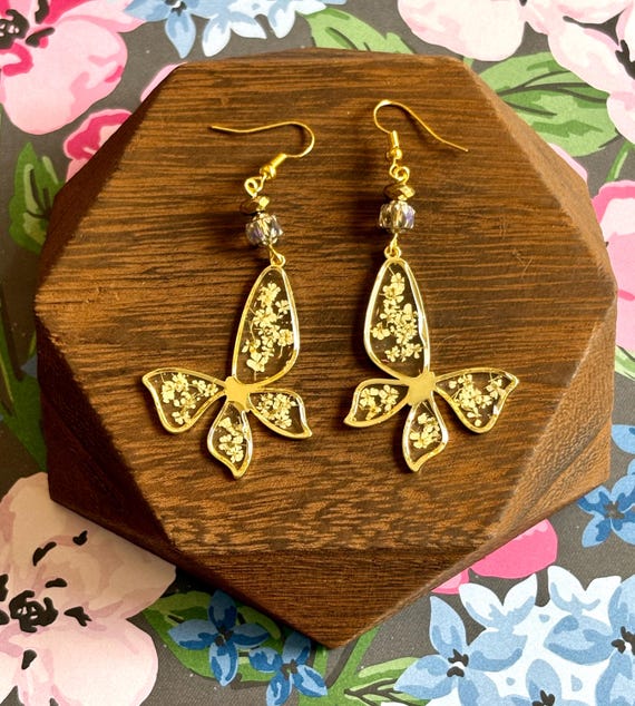 Golden Flutterlight Blooms – Butterfly Earrings with Gold Hematite, Czech Glass & Real Dried Flowers – Lightweight 3” Hypoallergenic