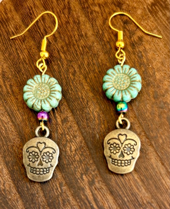 Rainbow Hematite Sunflower Earrings: Bronze Sugar Skull Charms