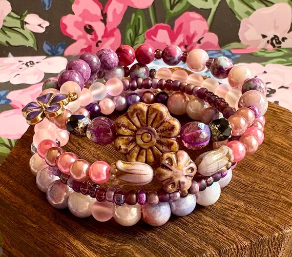 Mystic Orchid Bloom Wrap Bracelet – Autumn Crush with Galaxy Sea Sediment Jasper, Mystic Aura Quartz, Czech Glass & Floral Charms – Boho
