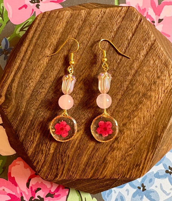 Pink Jade & Czech Glass Tulip Earrings: Resin Flowers, Reiki Infused