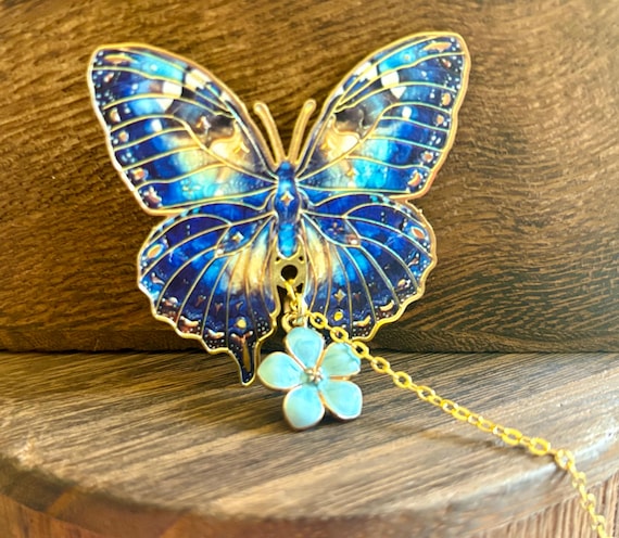 Midnight Wings Butterfly Bookmark – Blue Howlite, Swarovski Crystal, Czech Glass – Enamel Flower – Elegant Gift for Book Lovers